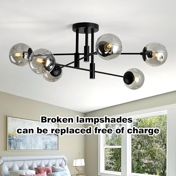 SZXYKEJI 6-Lights Glass Globe Sputnik Chandelier Modern Flush Mount Ceiling Light Fixture Black Farmhouse Lighting for Dining Room Living Room Bedroom Kitchen Passageway.