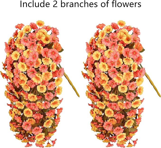 Artificial Fake Fall Hanging Flowers Plants for Outdoor Outside Decoration, 2 PCS Faux Silk Morning Glory Trailing Vines UV Resistant for Wall Home Porch Patio Party Decor (Fall Orange+Yellow)
