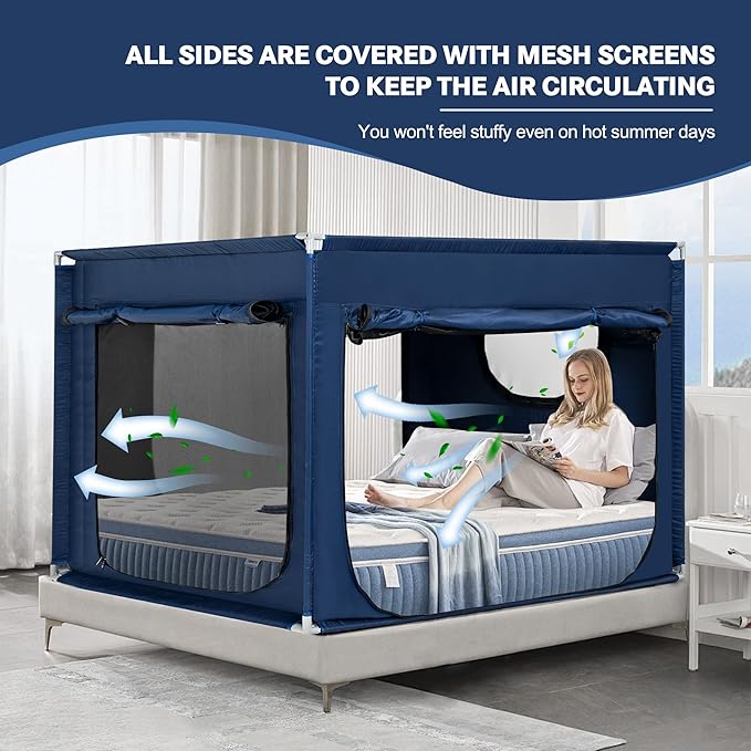 Bed Canopy Portable Blackout Bed Tent Privacy Tent for Adult Indoor Sleeping with 3 Doors, Storage Bag