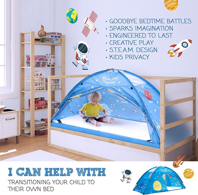 Outer Space Twin Bed Tent for Kids Indoor Fort - Magical Dream Tents for Boys Pop Up Toddler Bed Canopy for Girls Bunk Bed Tent for Top Bunk - Sensory Sleep Pod for Kids Educational