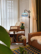 Tiffany Floor Lamp Vintage Standing Lamp Blue Mediterranean Style Stained Glass Floor Light Rustic Corner Gooseneck Floor Lamp with Adjustable Angle for Home Decor Living Room Bedroom 12X12X63 Inches