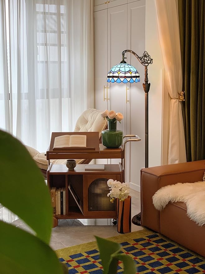 Tiffany Floor Lamp Vintage Standing Lamp Blue Mediterranean Style Stained Glass Floor Light Rustic Corner Gooseneck Floor Lamp with Adjustable Angle for Home Decor Living Room Bedroom 12X12X63 Inches