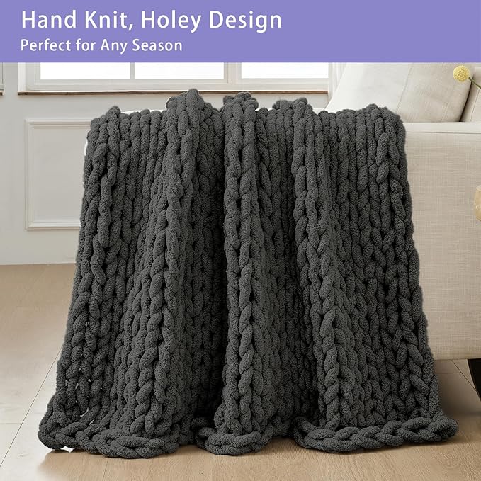 Bigacogo Chunky Knit Throw Blanket for Couch, 40x60 inches, 100% Hand Knitted with Thick Jumbo Chenille Yarn, Cozy Soft Large Rope Knot Cable Crochet Blankets for Sofa Bed Living Room, Dark Grey