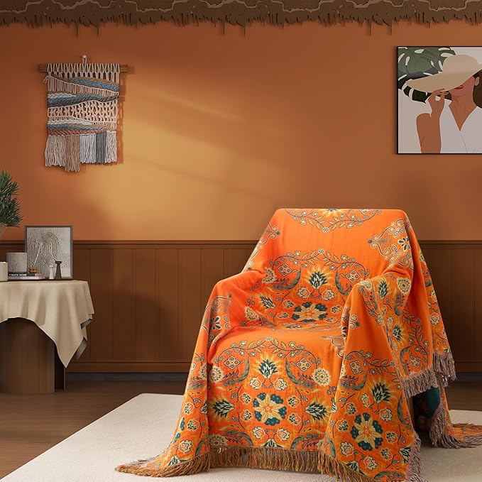 Boho Throw Blanket Queen Size, Oversized Soft Cozy Cotton Muslin Quilt Blanket for Bed Decor, Floral Patterned Couch Sofa Chair Cover, Vintage Farmhouse Cottage Woven Blanket, Orange&Green