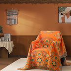 Boho Throw Blanket Queen Size, Oversized Soft Cozy Cotton Muslin Quilt Blanket for Bed Decor, Floral Patterned Couch Sofa Chair Cover, Vintage Farmhouse Cottage Woven Blanket, Orange&Green