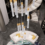 12-Light Staircase Long Pendant Light Fixture Large Chandeliers for High Ceiling Light LED Bulbs for Living Room Foyer Hallway Gold Crystal Pendant Light for Kitchen Island