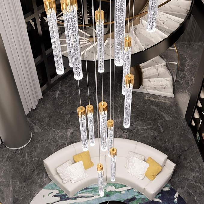 12-Light Staircase Long Pendant Light Fixture Large Chandeliers for High Ceiling Light LED Bulbs for Living Room Foyer Hallway Gold Crystal Pendant Light for Kitchen Island