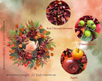 22 Inch Fall Chrysanthemum Wreath Harvest Floral Wreath with Apples Pinecones Berries and Eucalyptus Maple Leaves for Fall Thanksgiving Halloween Mantel Table Outdoor Front Door Wall Window