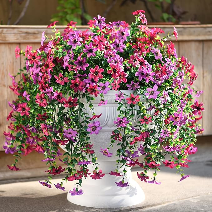 Artificial Faux Hanging Flowers Plants for Outdoor Summer Decoration, 2 PCS Fake Silk Flowers for Outside Daisy Planter UV Resistant Look Real for Patio Porch Home Decor(Mix Purple)