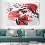 Japanese Red Geisha Tapestry Asian Cherry Blossom Traditional Kimono Folk Tapestries Home Decor for Living Room Bedroom Apartment Farmhouse Dorm 60"x40"