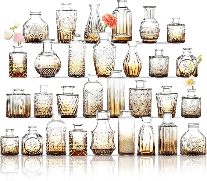 Bud Vases in Bulk 30, Glass Vases for Centerpieces, Small Vases for Flowers, Mini Vintage Vase, Small Flower Vase for Centerpieces, Amber Bud Vases for Wedding Table Decor