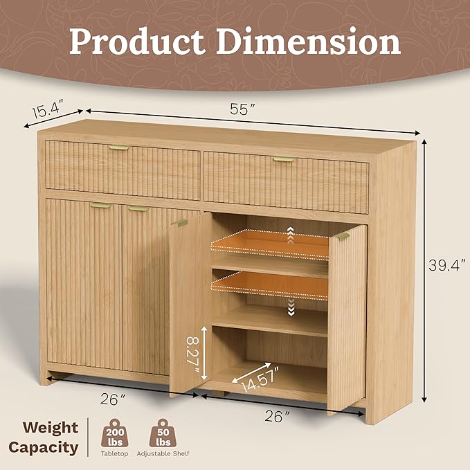 Fluted Sideboard Buffet Cabinet with Storage Drawers, 55" Large Accent Storage Cabinet for Entryway, Kitchen, Living Room - Wood