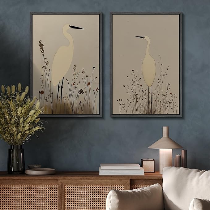 SIGNFORD Framed Canvas Print Wall Art Set Minimalist Heron Art Simplified Shapes in Neutral Tones Illustration Modern Art Decorative Nordic Nature for Living Room, Bedroom, Office - 16"x24"x2 Black