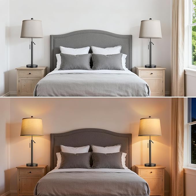 PARTPHONER Bedside Lamps Set of 2, Tall Table Lamps for Living Room, Height Adjustable Nightstand Lamps for Bedroom Office, Modern End Table Lamps with Pull Chain(LED Bulbs Included), Black