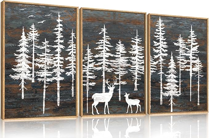 Modern White Forest Framed Canvas Wall Art Set, Minimalist Woodland Art Painting, Retro Tree Landscape Wall Decor, Wildland Deer Artwork for Living Room, Dining Room, Office - 16"x24"x3