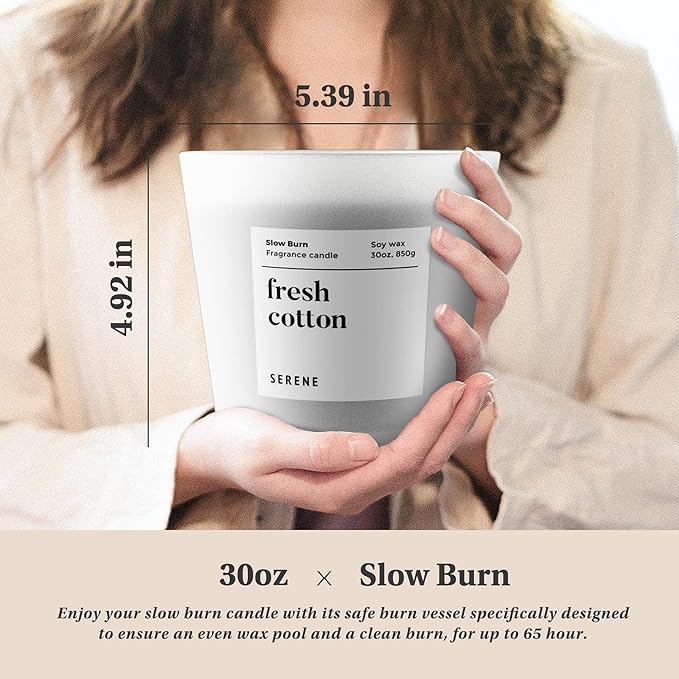 Hidden Label Large Scented Candle, Fresh Cotton, 30oz 3 Wick Huge Candle, Serene Collection Slow Burn Natural Soy Candles for Home Scented
