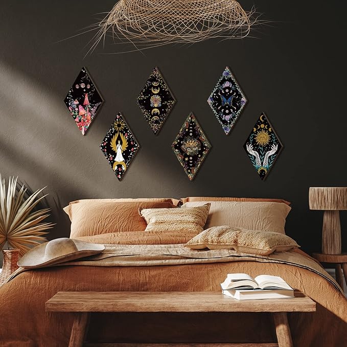 Qunclay 6 Pcs Rustic Boho Wall Decor Gothic Wall Art Witchy Phases Moon Sun Home Decor Wooden Farmhouse Hanging Halloween Christmas Decoration(Classic Style)