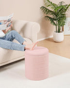 B FSOBEIIALEO Ottoman with Stroage, Round Sherpa Storage Ottoman Stool, Boucle Foot Rest 14.6"x14.6"x17.7"（Pink