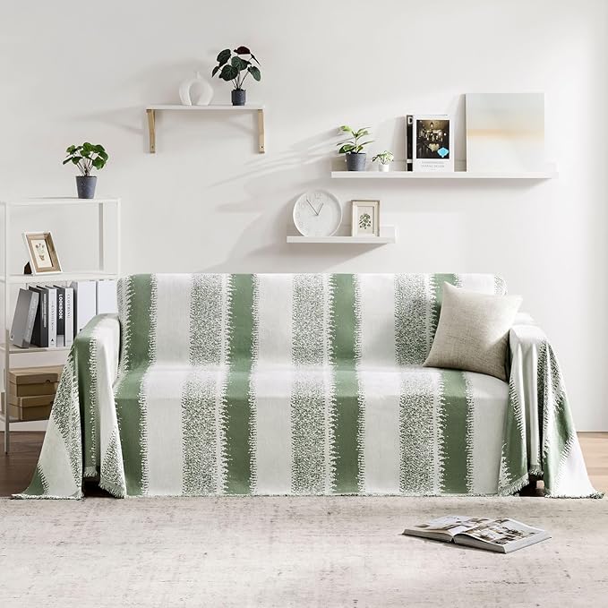 Couch Cover Boho for Dogs Washable Green Couch Covers for 2 Cushion Couch, Chenille Sectional Couch Covers L Shape Sofa Cover, Furniture Protector for Kids, Pets, Green 71" X134"