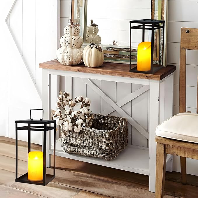 Modern Farmhouse Lantern Decor, 2Pcs Metal Candle Lanterns with Flameless Candles Black Decorative Lantern for Front Porch Covered Patio Dining Table Entryway Table Wedding Home Decor