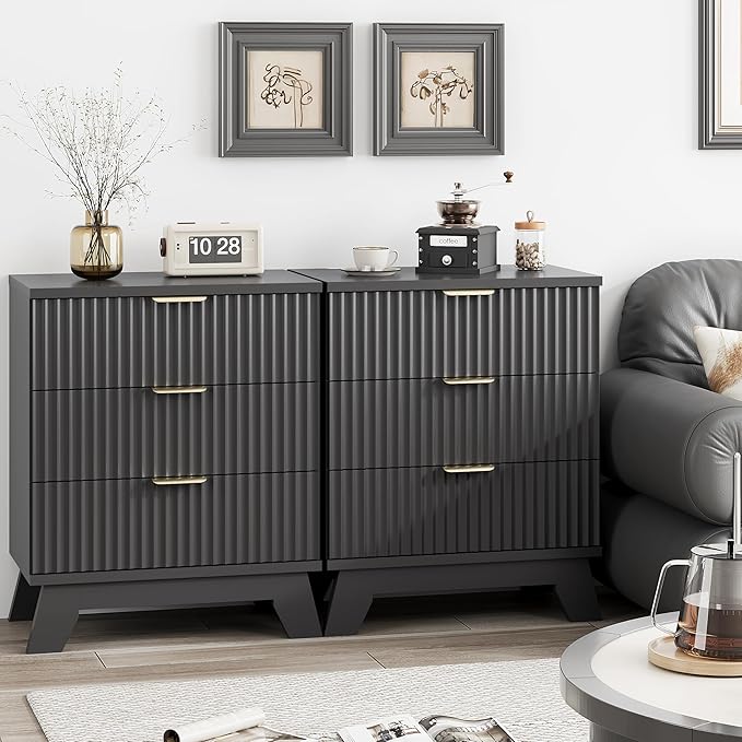 Fluted Nightstand, 24" Wide Side Table with 3 Large Storage Drawers, Mid Century Modern Wood Night Stand with Metal Handle, Wooden Bedside End Table for Bedroom, Living Room, Closet, Black