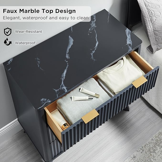 T4TREAM Fluted 3 Drawer Dresser, 32" Tall Modern Chest of Drawers with Faux Marble Top, Curved Profile Design, Wood Drawer Organizer for Bedroom, Living Room, Hallway, Entryway, Dark Grey