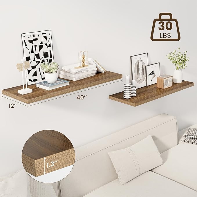Dreamland 40" Floating Shelves for Wall, 12" Deep Slim Walnut Floating Shelves, Wall-Mounted Shelves for Bedroom, Living Room, Kitchen, Bathroom - Set of 2