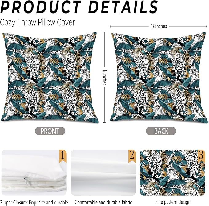 Exotic Tropical Jungle Leopard Print Pillow Covers 18x18, Cheetah Print Room Decor, Tropical Palm Leaf Cheetah Decorative Throw Pillow Covers for Home Bedroom Living Room