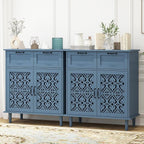 Kitchen Storage Cabinet with Drawers - Accent Cabinet with Carved Door, Floor Sideboard Buffet with Storage, Small Wood Credenza for Living Room, Dining Room, Entryway, Blue