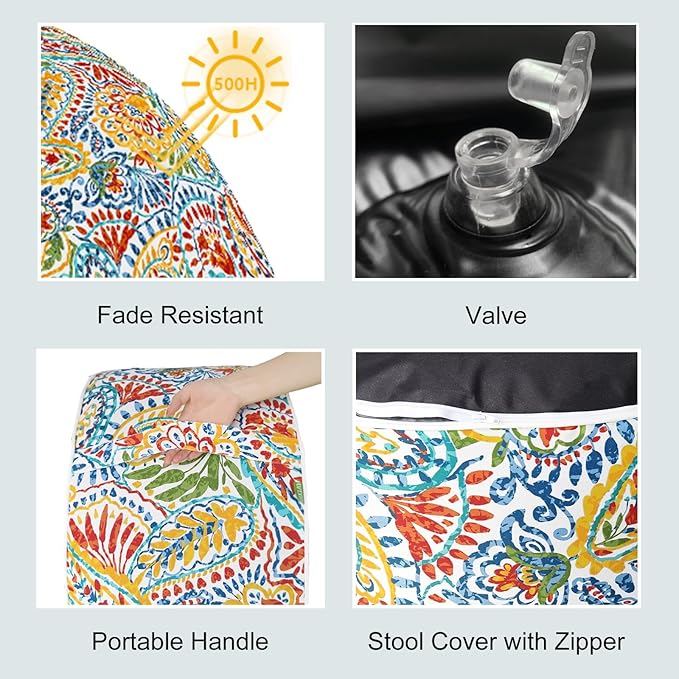 LVTXIII Indoor/Outdoor Inflatable Ottoman, All Weather Round Footrest Stool D21”x H9”, Portable for Patio Garden Camping or Home-Paisley Ummi Multi