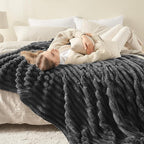NEWCOSPLAY Super Soft Throw Blanket Grey Premium Silky Flannel Fleece 3D Ribbed Jacquard Lightweight Bed Blanket All Season Use (Grey Ribbed, Throw(50"x60"))