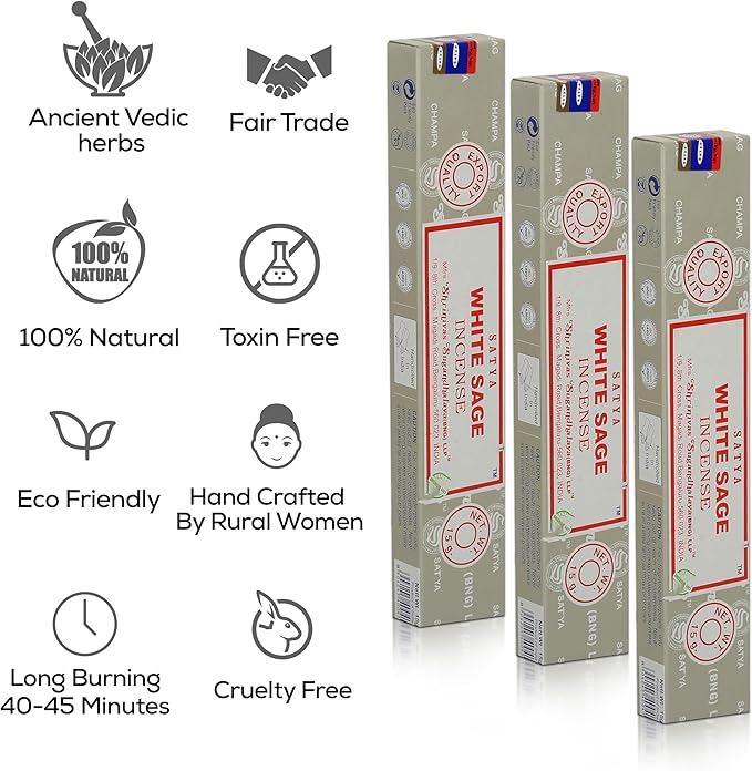 Satya Nagchampa White Sage Incense Sticks, Satya Bng (Bangalore) Insenses 15gmx3 Pack (45 GMS) with Raajsee Incense Holder Bundle, Satya Nagchampa Natural Incense