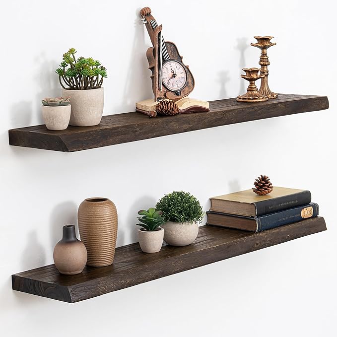 Floating Shelves, 8" Deep Rustic Solid Wood Wall Mounted Floating Shelves, Wall Shelves with Invisible Bracket for Living Room Bathroom Bedroom Kitchen, 36 Inch Set of 2, Walnut