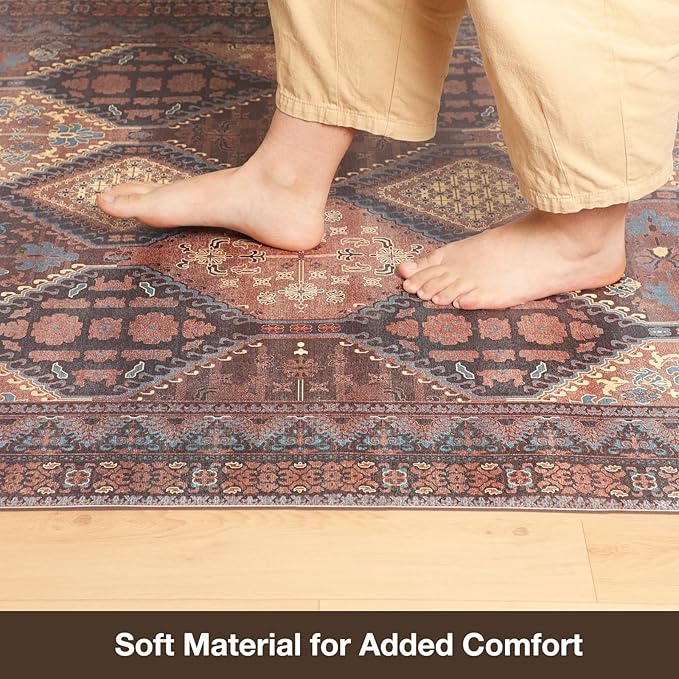 Floor Mat for Home 4×6ft, Easy Clean Plastic Rug-Like Pattern Area Mat for Living Room, Waterproof Vinyl Area Rug for Under Kitchen Table, No Slip Soft Vintage Rug for High Traffic Area (Brown)