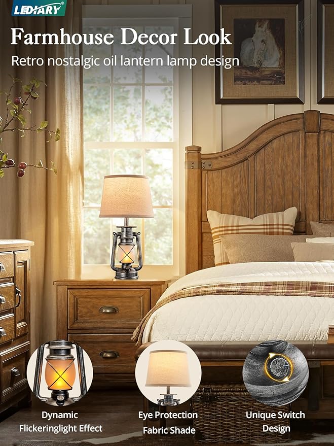 LEDIARY 18.72" Sliver LED Lantern Flickering Flame Table Lamps for Bedrooms Set of 2, Small Farmhouse Rustic End Table Lamps, Halloween Decorative Lantern Bedside Lamps for Living Room