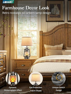 LEDIARY 18.72" Sliver LED Lantern Flickering Flame Table Lamps for Bedrooms Set of 2, Small Farmhouse Rustic End Table Lamps, Halloween Decorative Lantern Bedside Lamps for Living Room