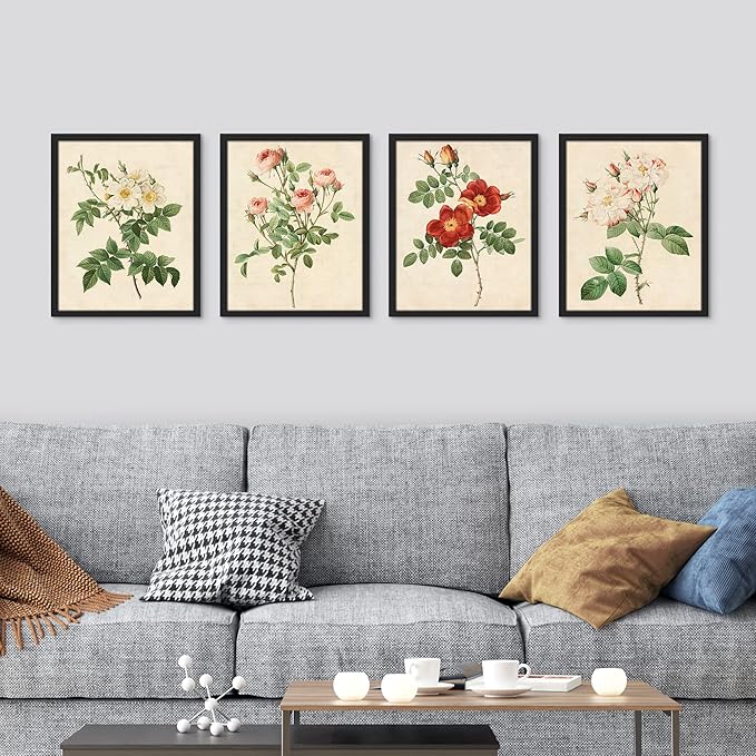SIGNWIN Framed Vintage Colorful Wildflower Wall Art, Set of 4 Variety Floral Wall Decor Prints, Nature Wilderness Wall Décor for Living Room, Bedroom - 11"x14" Black