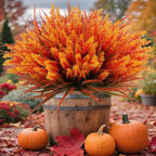 Geegoods Artificial Plants Flowers Outdoor – Faux Lavender Flowers with Monkey Grass UV Resistant Plastic Faux Plants for Garden Porch Window Patio Hanging Planter Home Decor (Autumn-Orange, 48PCS)