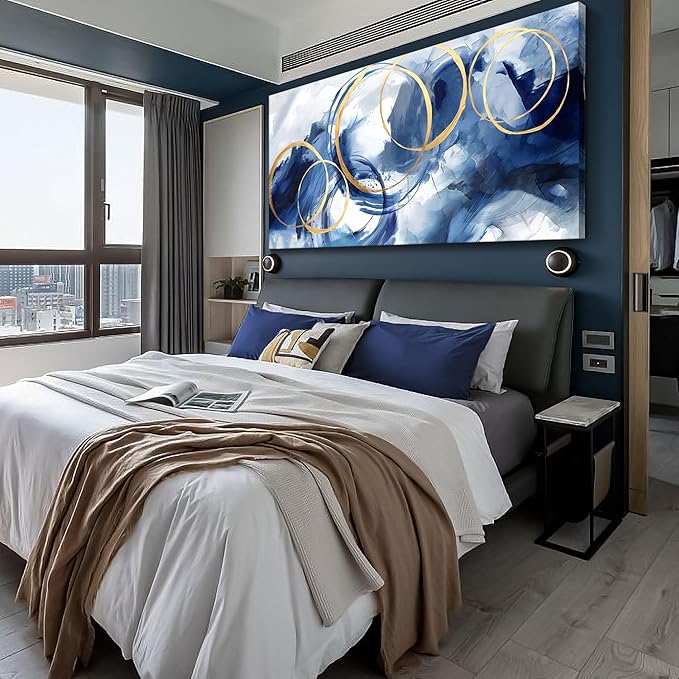 AJAZIKO Large Art For Wall Abstract Wall Decor Blue Modern Art Wall Decor Artwork For Walls Living Room Office Pictures For Wall Navy Gold Contempor Decorations For Bedroom Size 29x58