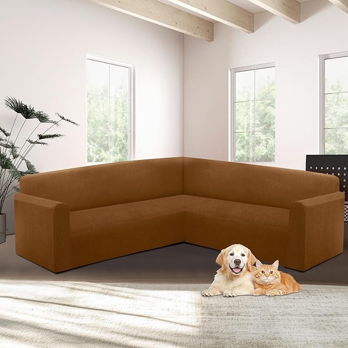 HDCAXKJ Sectional Couch Cover L Shape Stretch Sofa Covers Washable Jacquard Corner Couch Slipcover Non Slip Sectional Slip Cover U Shaped Furniture Protector for Pets Dogs (Caramel, Small)
