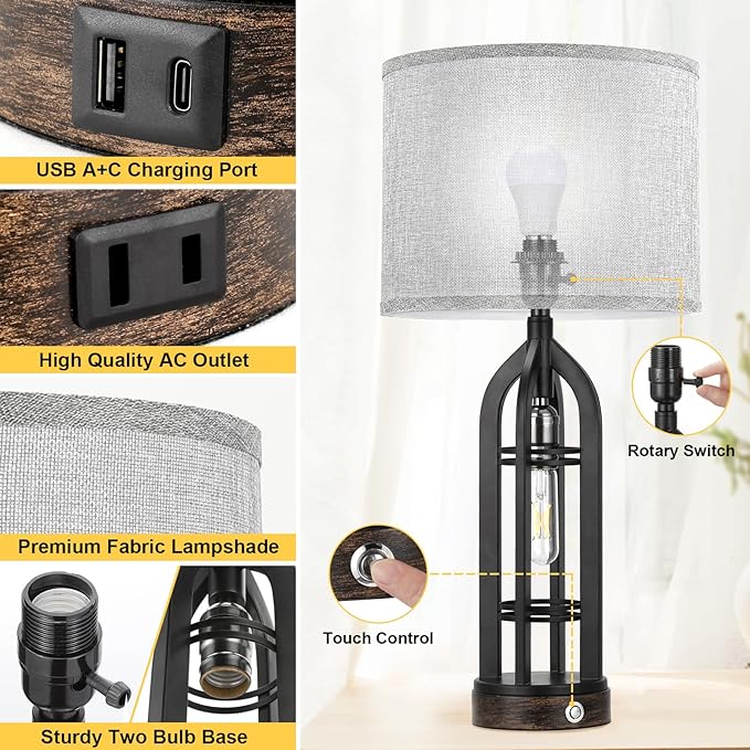 Seealle Table Lamp for Living Room Set of 2 - Bedside Lamp for Bedroom with USB C+A & Outlet, Farmhouse Lamps for Night Stands, 3-Way Dimmable Touch Lamps for Living Room with Grey Shade