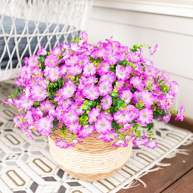 HyeFlora Artificial Flowers for Outdoors Fake Plants Outside Decoration, 12 Bundles Silk Purple Morning Glory UV Resistant Look Real Faux Flowers for Planter Front Door Porch Patio Yard Gardens Home