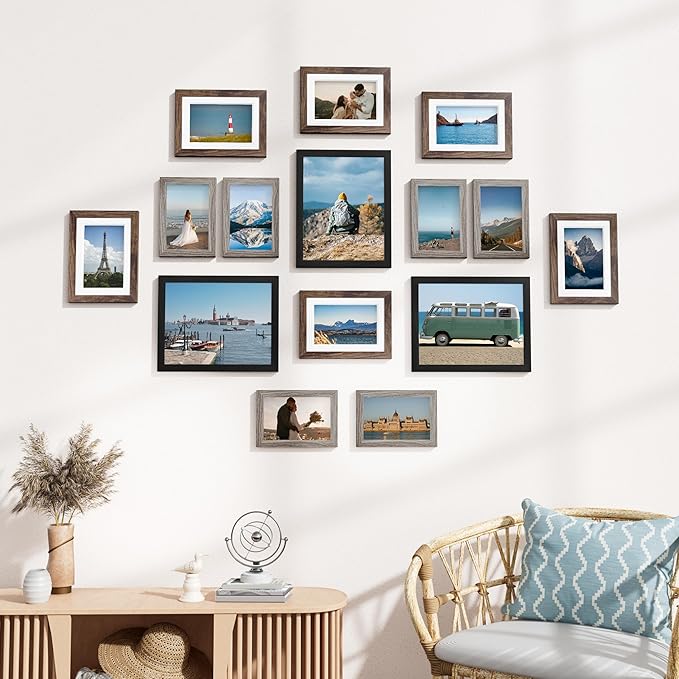 Vittanly 15 Pack Picture Frames Collage Wall Decor, Multi Sizes Including 3pcs 8x10, 6pcs 5x7 and 6pcs 4x6 Photo Frames, Gallery Frame Set for Wall or Tabletop Display, Black, Brown and Dark Grey