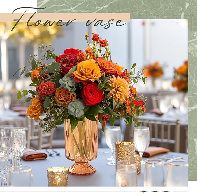 6 Pcs (H:7" W:4") Embossed Flower Vase Fall Pedestal Glass Vase Big Base Thickened Crystal Vintage Vases for Autumn Wedding Home Decor Table Centerpiece House Warming Gifts(Amber)