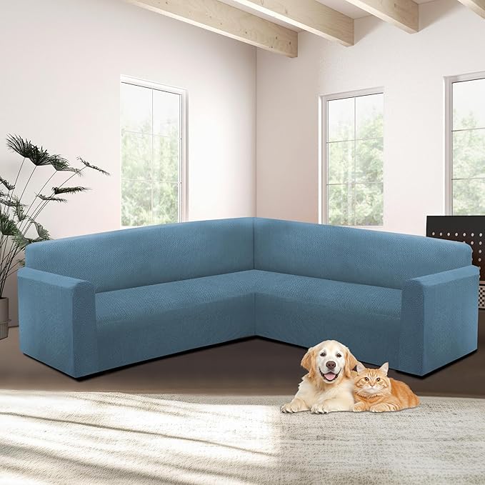 HDCAXKJ Sectional Couch Cover L Shape Stretch Sofa Covers Washable Jacquard Corner Couch Slipcover Non Slip Sectional Slip Cover U Shaped Furniture Protector for Pets Dogs (Light Blue, X-Large)