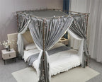 4 Corners Post Princess Curtain Bed Canopy Double Layer Cozy Mosquito Net Mesh and Cloth for Girls Adults Bedroom Decoration (Double-Grey/White, 59" W*82" L*82"*H/(Queen))
