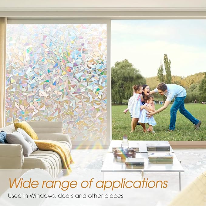 Beautyhero Window Privacy Film, Rainbow Reeded Glass Cling, 3D Decorative Coverings with UV Blocking, Static Cling for Bathroom Doors Cabinet