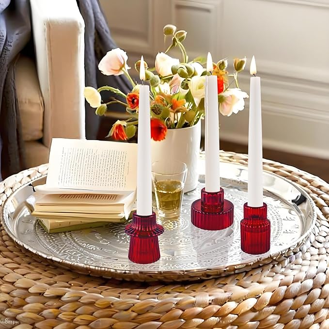 Double Sided Vintage Ribbed Taper Glass Candle Holders,Tea Candle Holder for Table Centerpieces, Wedding Decorations and Dinner Parties (Red, 6 PCS)