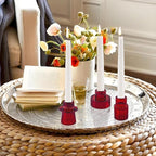 Double Sided Vintage Ribbed Taper Glass Candle Holders,Tea Candle Holder for Table Centerpieces, Wedding Decorations and Dinner Parties (Red, 6 PCS)