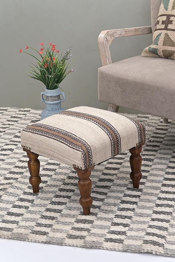 Handmade Jute Soft Ottomans Square Shape Stool for Sitting and Foot Rest with Wooden Legs, Entryway Modern Stool for Living Room, Bedroom (White Wool, L 15.74 x W 15.74 x H 14 inch)